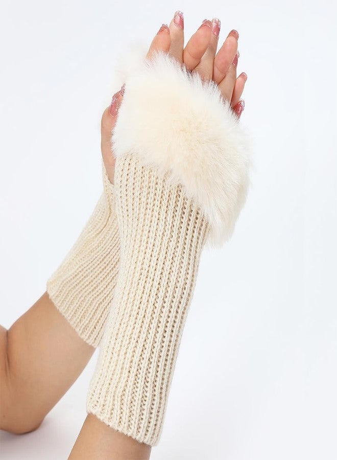 CABODYALS 2 Pairs White Furry Fingerless Gloves Soft Fluffy Thumb Hole Beige Knit Gloves Winter Knitted Crochet Arm Warmers Sleeves Faux Fur Knitting Wrist Hand Mittens Short Cuff for Women Driving - Image 3